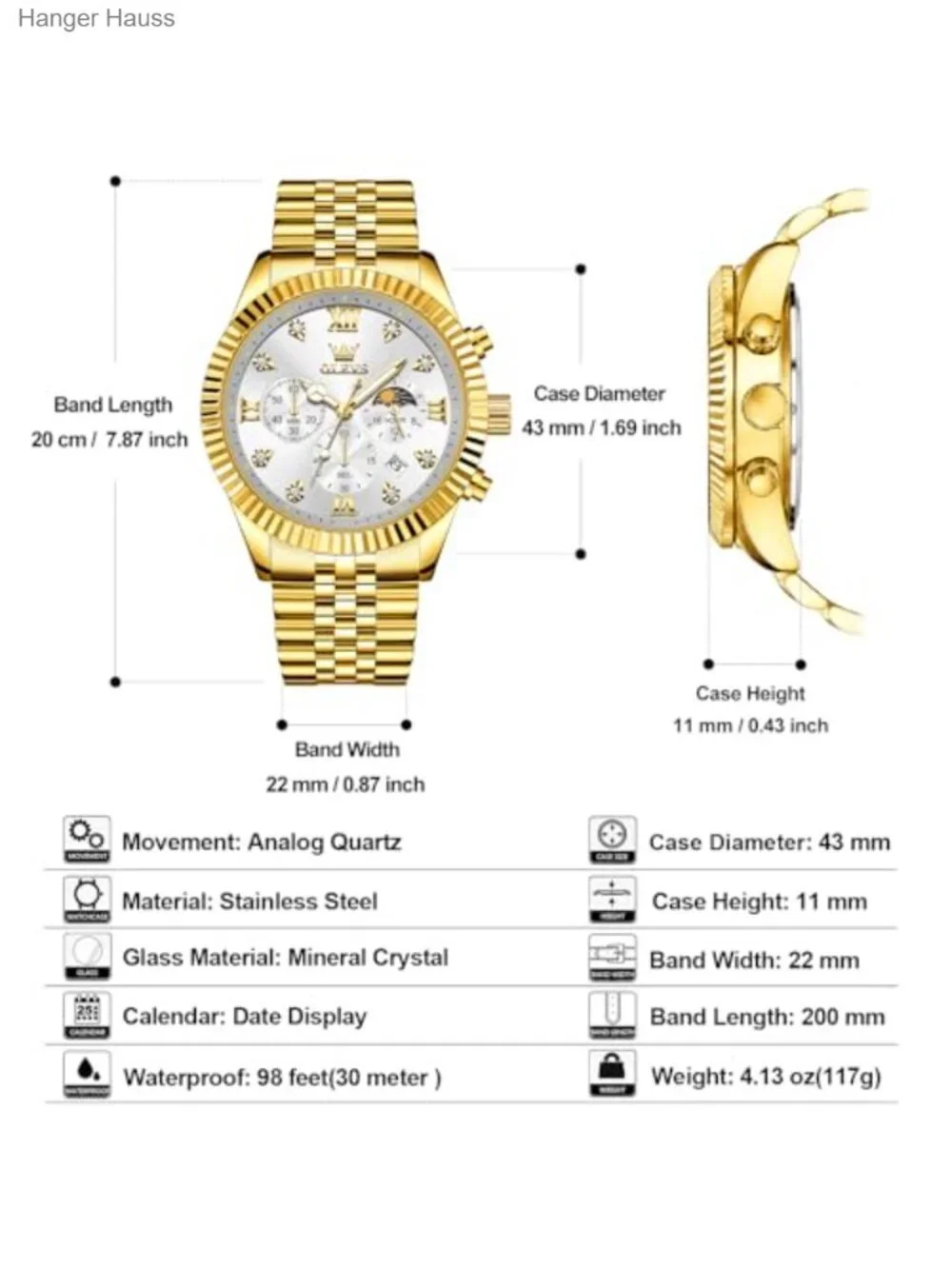 Men's Chronograph Watch Large Face Stainless Steel Analog Dress